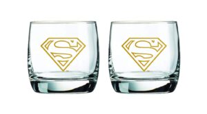 superman whiskey glasses - 10 oz. capacity - set of 2 glasses - sturdy base
