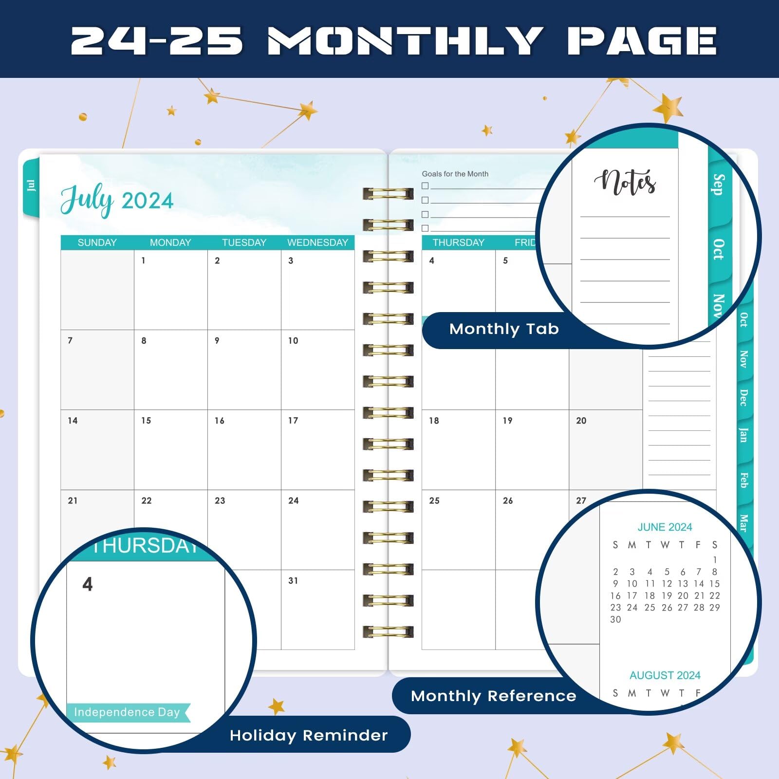 Student Planner 2024-2025 - School Planner, JUL 2024 - JUN 2025, 6.3" x 8.4", Monthly Weekly Planner/Agenda, Thick Paper + Holidays + 3-Hole Punched + Twin-Wire Binding, Stickers, Blue