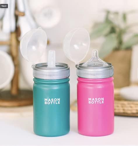 Mason Bottle Stainless Steel Mason Bottle Straw Cup, Light-Weight, Single-Wall - Includes 1 Stainless Steel Mason Jar, 1 Ring & Cap, 1 Straw Top (Green)