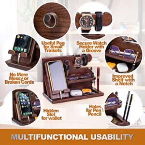 TESLYAR Wood Phone Docking Station Ash Key Holder Stand Watch Organizer Men Gift Husband Wife Anniversary Dad Birthday Nightstand Purse Father Graduation Male Travel Idea Gadgets (Brown)