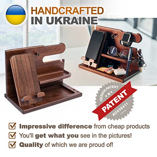 TESLYAR Wood Phone Docking Station Ash Key Holder Stand Watch Organizer Men Gift Husband Wife Anniversary Dad Birthday Nightstand Purse Father Graduation Male Travel Idea Gadgets (Brown)