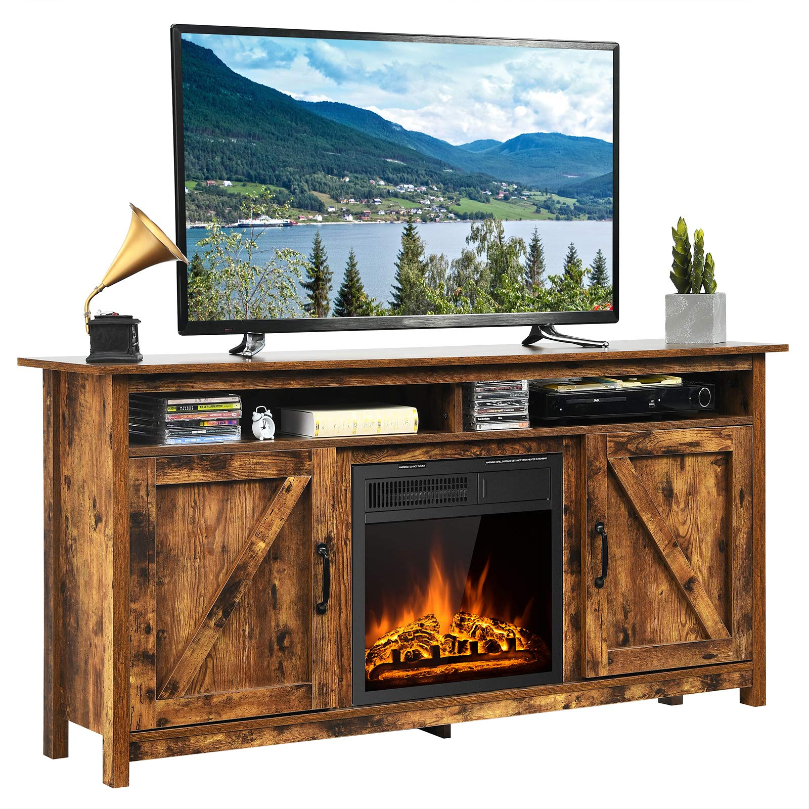 Tangkula Industrial Fireplace TV Stand for TVs Up to 65 Inches, Entertainment Center w/ 1500W Fireplace, Fireplace Media Console Table, Electric Heater w/Adjustable Brightness & Remote (Brown)