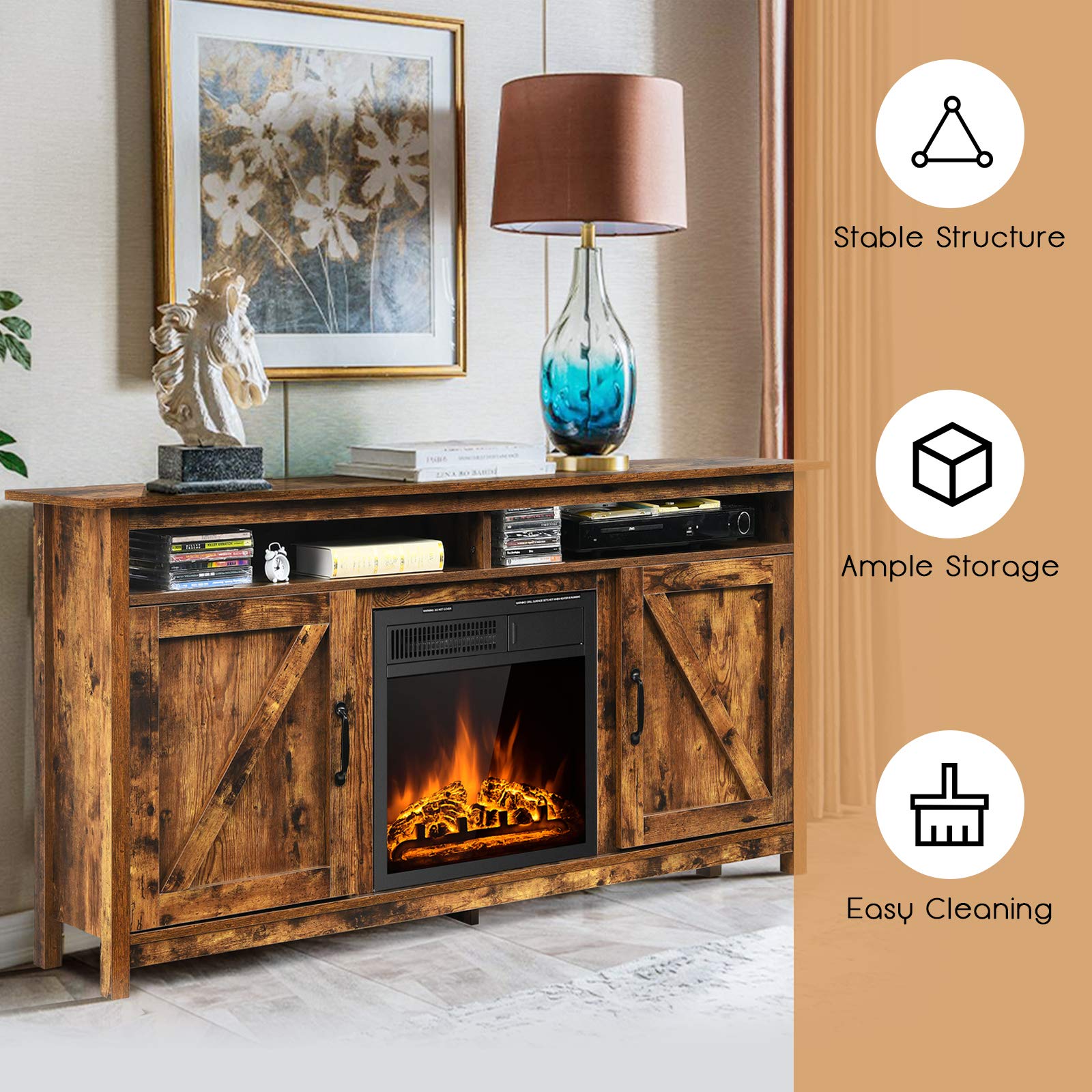 Tangkula Industrial Fireplace TV Stand for TVs Up to 65 Inches, Entertainment Center w/ 1500W Fireplace, Fireplace Media Console Table, Electric Heater w/Adjustable Brightness & Remote (Brown)