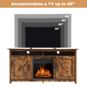 Tangkula Industrial Fireplace TV Stand for TVs Up to 65 Inches, Entertainment Center w/ 1500W Fireplace, Fireplace Media Console Table, Electric Heater w/Adjustable Brightness & Remote (Brown)