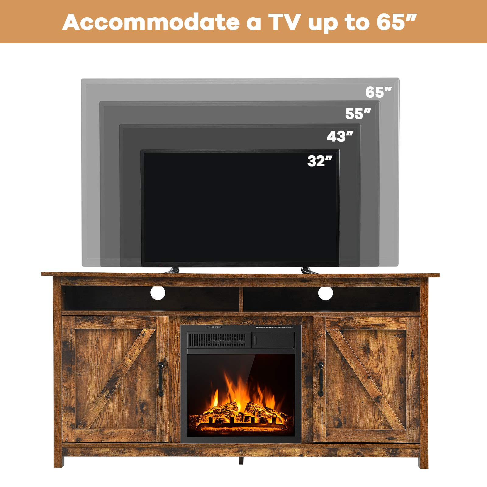 Tangkula Industrial Fireplace TV Stand for TVs Up to 65 Inches, Entertainment Center w/ 1500W Fireplace, Fireplace Media Console Table, Electric Heater w/Adjustable Brightness & Remote (Brown)