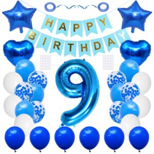 huture 9 birthday party supplies blue number 9 foil balloon happy birthday banner kit 9th birthday decoration white blue latex confetti balloon foil star balloon great gift for girls boys birthday