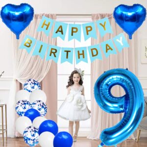 Huture 9 Birthday Party Supplies Blue Number 9 Foil Balloon Happy Birthday Banner Kit 9th Birthday Decoration White Blue Latex Confetti Balloon Foil Star Balloon Great Gift for Girls Boys Birthday