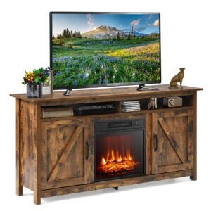 tangkula tv stand with 18 inches fireplace insert, 58 inches fireplace tv stand for tvs up to 65 inches, 5,000 btu electric fireplace with 3-level adjustable flame, remote control and timer (brown)