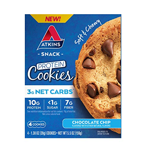 Atkins Chocolate Chip Protein Cookie, Protein Dessert, Rich in Fiber, 3g Net Carb, 1g Sugar, Keto Friendly, 4 Count