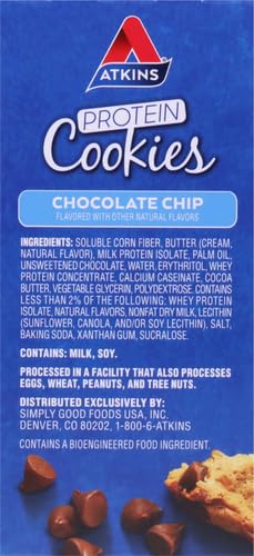 Atkins Chocolate Chip Protein Cookie, Protein Dessert, Rich in Fiber, 3g Net Carb, 1g Sugar, Keto Friendly, 4 Count