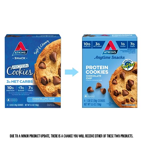 Atkins Chocolate Chip Protein Cookie, Protein Dessert, Rich in Fiber, 3g Net Carb, 1g Sugar, Keto Friendly, 4 Count