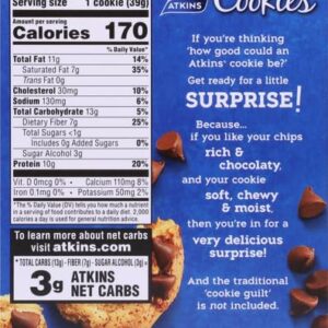 Atkins Chocolate Chip Protein Cookie, Protein Dessert, Rich in Fiber, 3g Net Carb, 1g Sugar, Keto Friendly, 4 Count