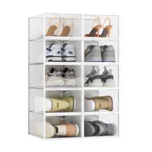 10 pack shoe storage boxes, clear plastic stackable shoe organizer bins, drawer type front opening sneaker shoe holder containers
