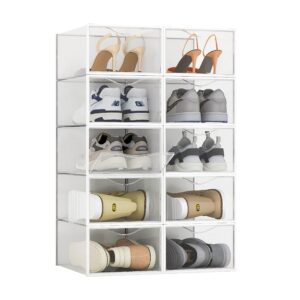 10 Pack Shoe Storage Boxes, Clear Plastic Stackable Shoe Organizer Bins, Drawer Type Front Opening Sneaker Shoe Holder Containers