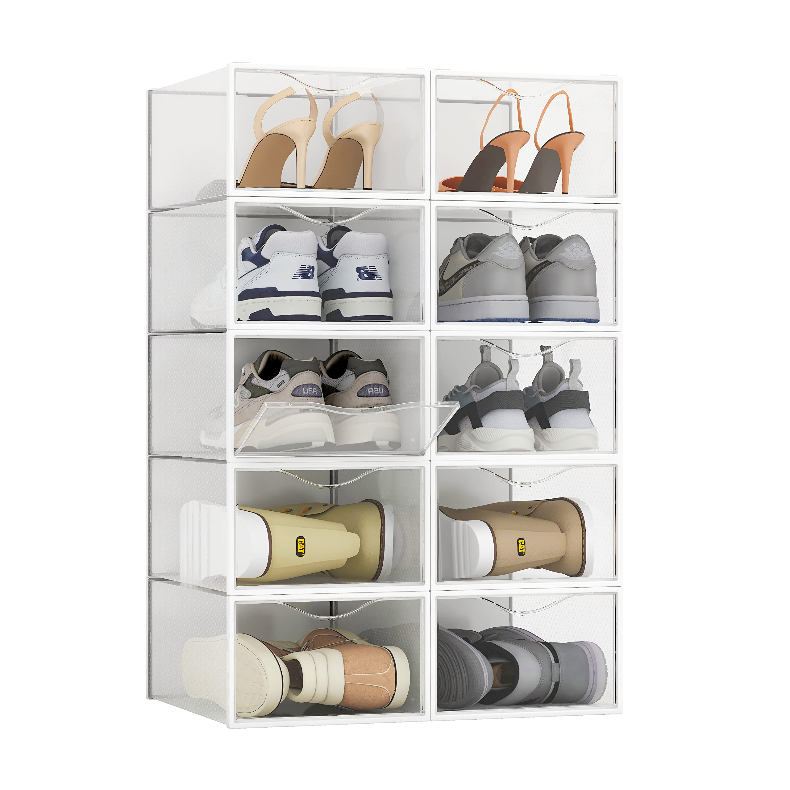 10 Pack Shoe Storage Boxes, Clear Plastic Stackable Shoe Organizer Bins, Drawer Type Front Opening Sneaker Shoe Holder Containers