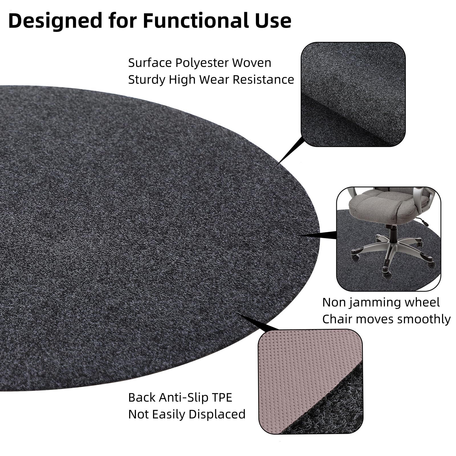 NCONE Office Chair Mat, Round Floor Mat for Home, 39inch Diameter Low Pile Heavy Duty Non Slip Multi-Purpose Desk Chair Mat Rug for Hardwood Tile Floor Carpets (Dark Grey)