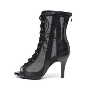 Goettin open toe dance boots sexy black microfiber net 8.5cm high heel dance shoes women (7.5)