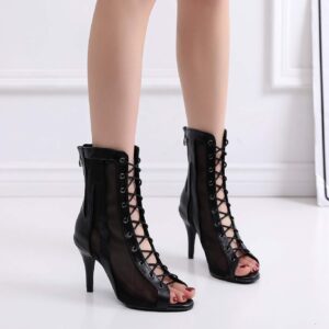 Goettin open toe dance boots sexy black microfiber net 8.5cm high heel dance shoes women (7.5)