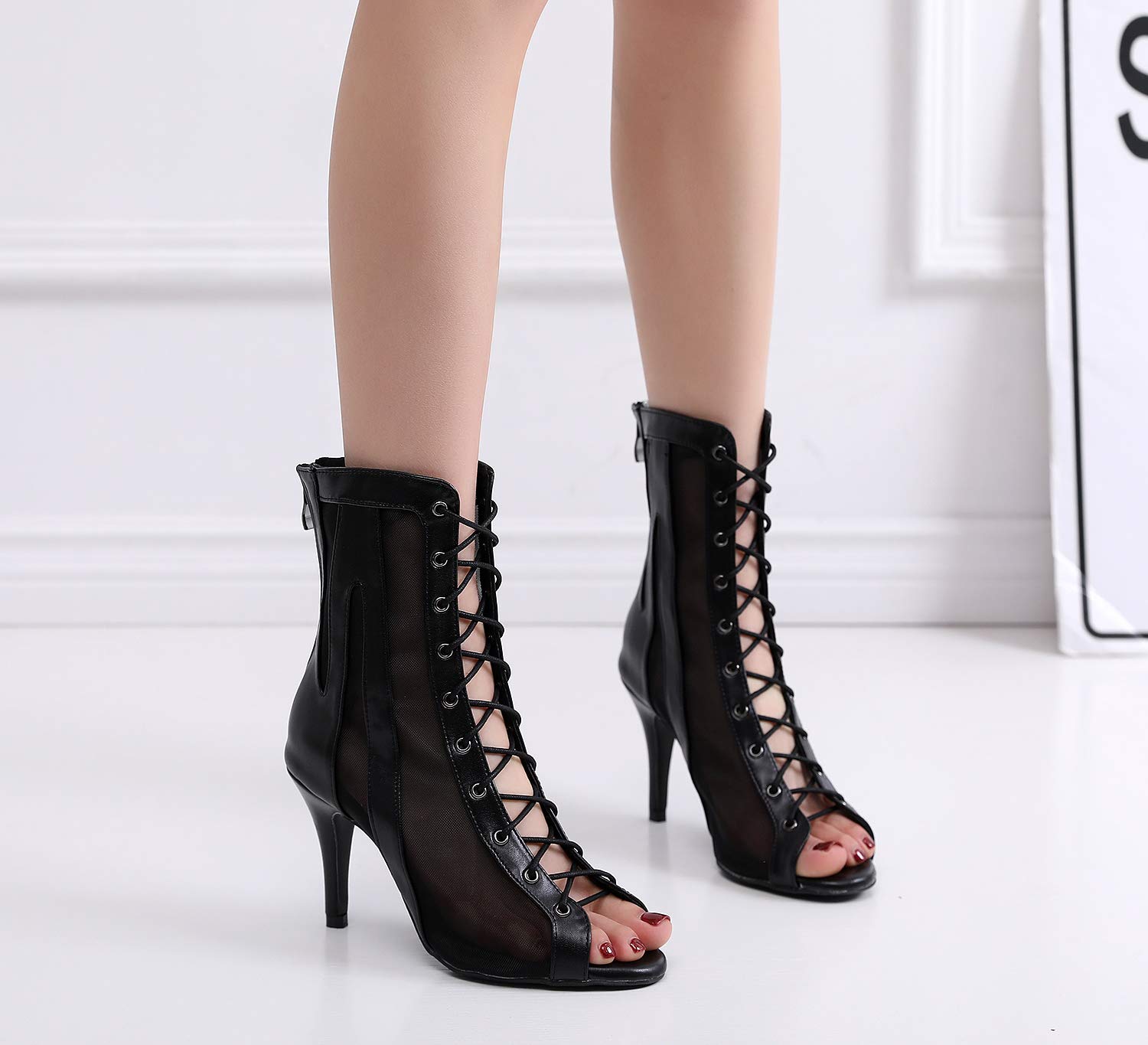 Goettin open toe dance boots sexy black microfiber net 8.5cm high heel dance shoes women (7.5)