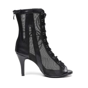 Goettin open toe dance boots sexy black microfiber net 8.5cm high heel dance shoes women (7.5)