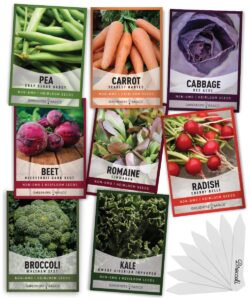 gardeners basics, winter fall vegetable seeds for planting 8 varieties sugar snap pea, carrot, beet, radish, lettuce, broccoli, kale, cabbage seed fall vegetable seeds packs