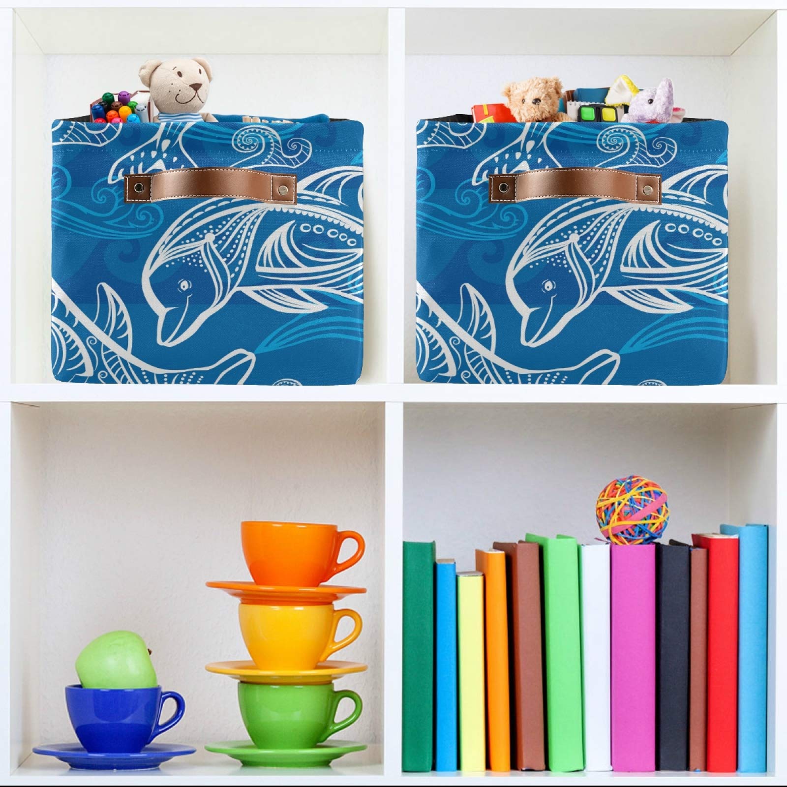 susiyo Large Foldable Storage Bin Dolphins Fabric Storage Baskets Collapsible Decorative Baskets Organizing Basket Bin with PU Handles for Shelves Home Closet Bedroom Living Room-2Pack