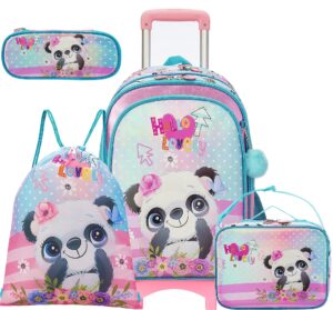 meetbelify rolling backpack for girls 5 in 1 panda elementary student school backpacks with wheels trip luggage 17 inch kids laptop bag with lunch box for teen girls