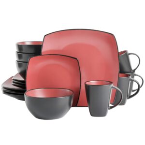 Gibson Soho Lounge Square Reactive Glaze Stoneware Dinnerware Set, Service for 4 (16pc), Matte Red