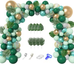 jungle safari party balloons arch garland kit, 139pcs metallic gold green confetti balloons with tropical palm leaves for animal wild one birthday dinosaur party safari baby shower for boys supplies