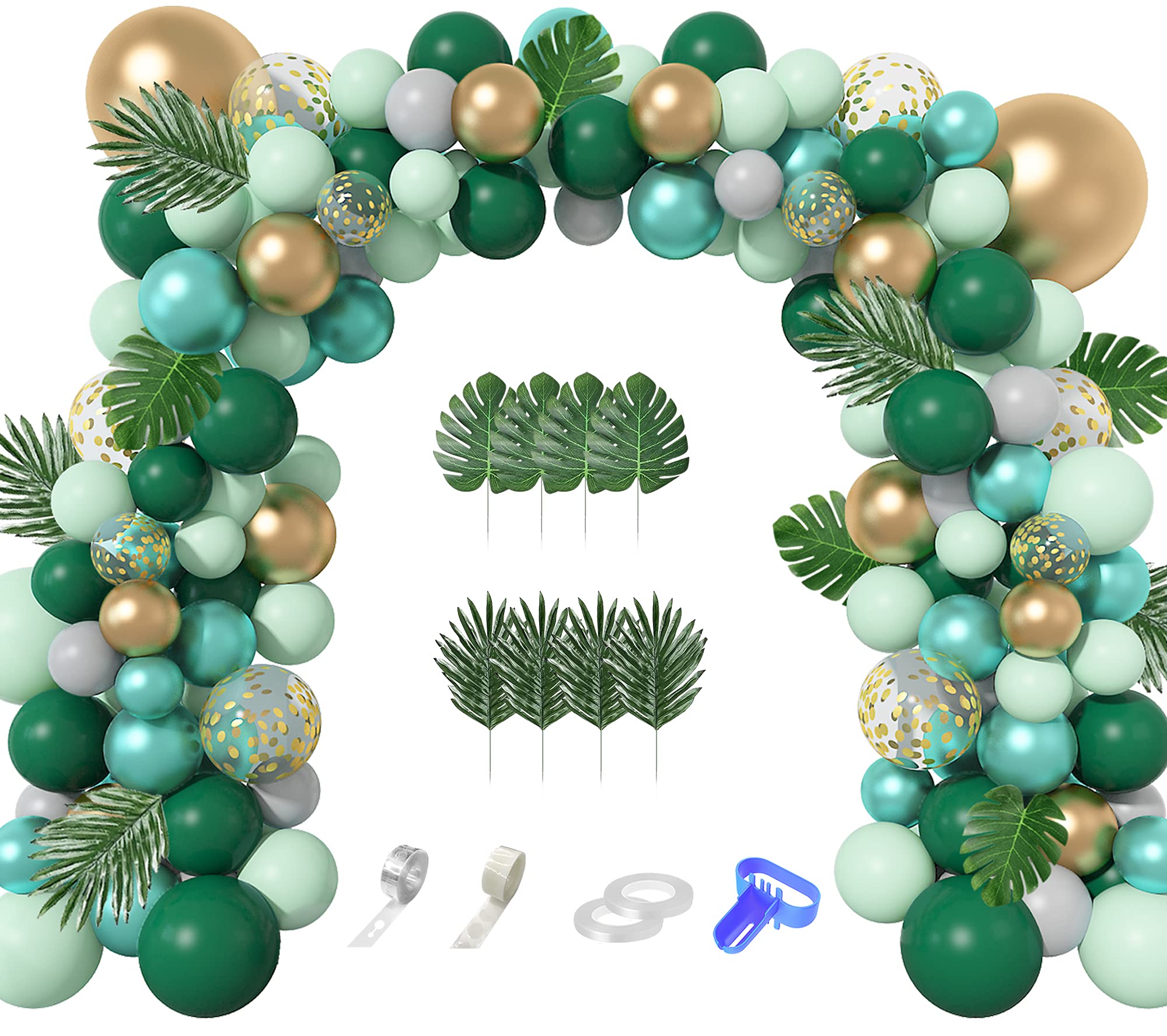 Jungle Safari Party Balloons Arch Garland Kit, 139Pcs Metallic Gold Green Confetti Balloons with Tropical Palm Leaves for Animal Wild One Birthday Dinosaur Party Safari Baby Shower for Boys Supplies