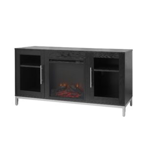 teamson home lainey 54" wooden entertainment center with fireplace, two glass door cabinets, black