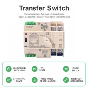 GAEYAELE on-Grid Photovolatic Power Automatic Transfer Switch Din Rail 4P 63A AC110V ATS PV Solar System Power Generator Transfer Switch Use (ATS-4P-63A-110VAC-Solar)