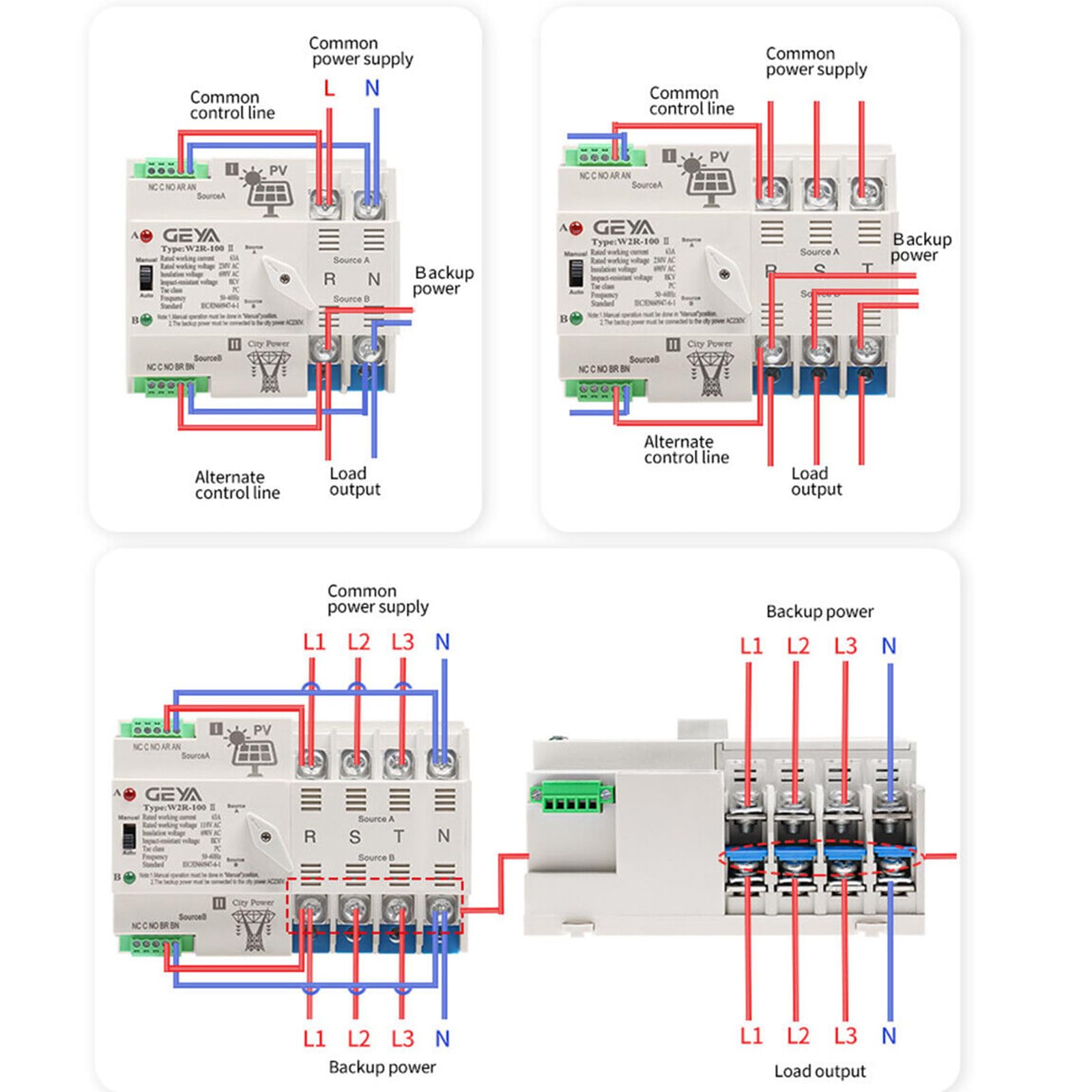 GAEYAELE on-Grid Photovolatic Power Automatic Transfer Switch Din Rail 4P 63A AC110V ATS PV Solar System Power Generator Transfer Switch Use (ATS-4P-63A-110VAC-Solar)