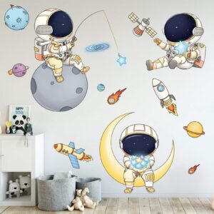 astronaut wall stickers for boys bedroom, dilibra cartoon spaceman outer planet creative diy art vinyl removable wall decal, star spaceship ufo glaxy wallpaper decor for kid’s room nursery