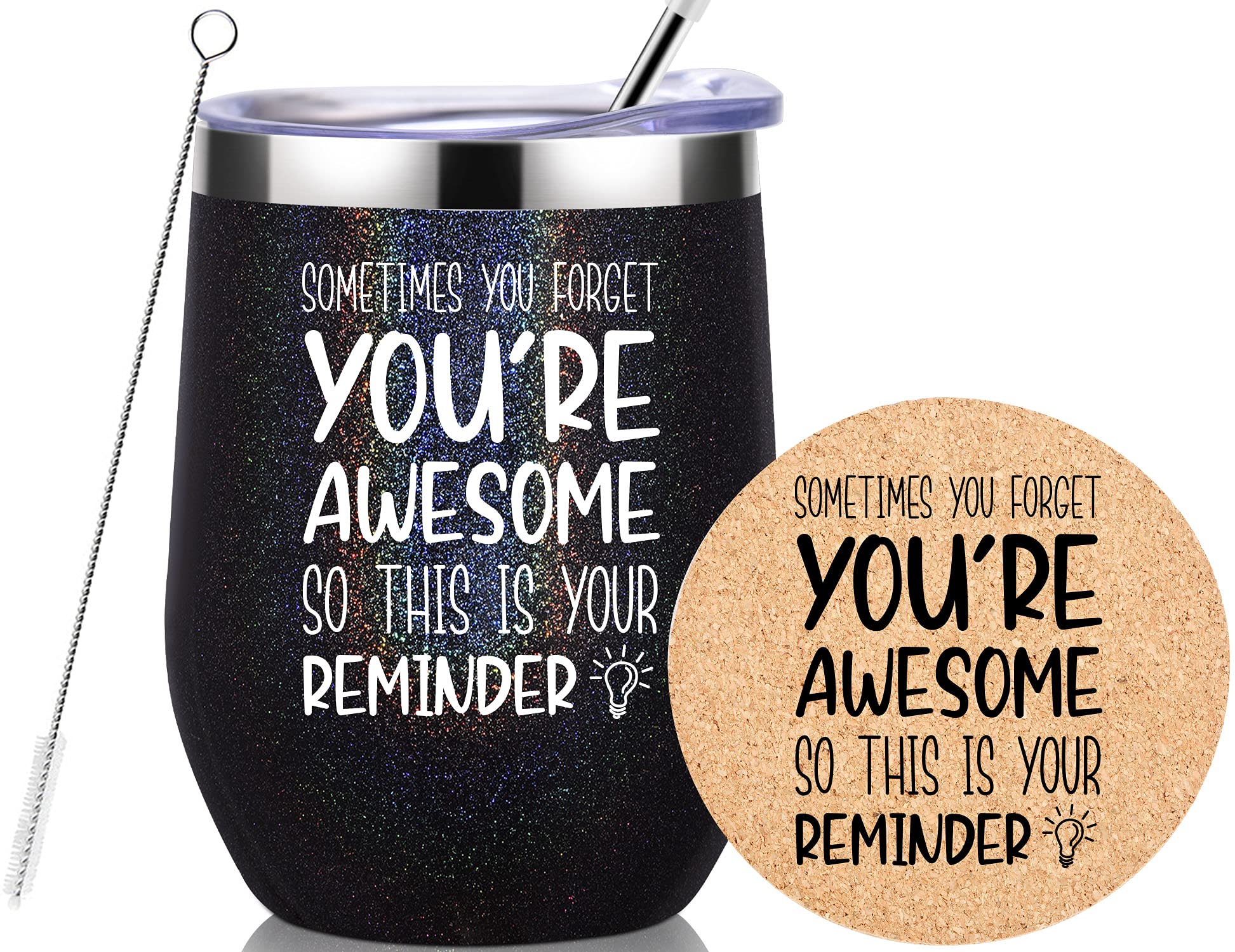 Sometimes You Forget That You are Awesome-Birthday Leaving Graduation Christmas Thank You Gifts for Women Friends Coworkers BFF Stainless Steel Wine Tumbler with Straw and Lid 12Ounce Glitter charcoal