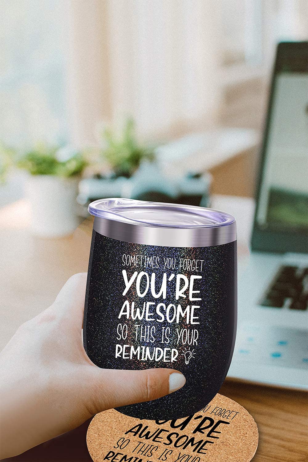 Sometimes You Forget That You are Awesome-Birthday Leaving Graduation Christmas Thank You Gifts for Women Friends Coworkers BFF Stainless Steel Wine Tumbler with Straw and Lid 12Ounce Glitter charcoal