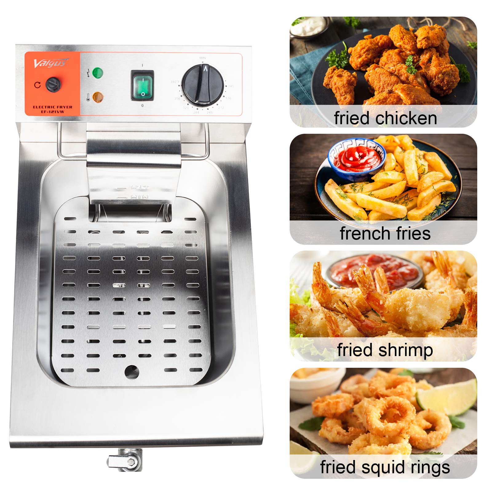 Valgus 1750W Stainless Steel Electric Deep Fryer 12L Large Capacity Countertop Kitchen Frying Machine with Basket & Lid, Drain System