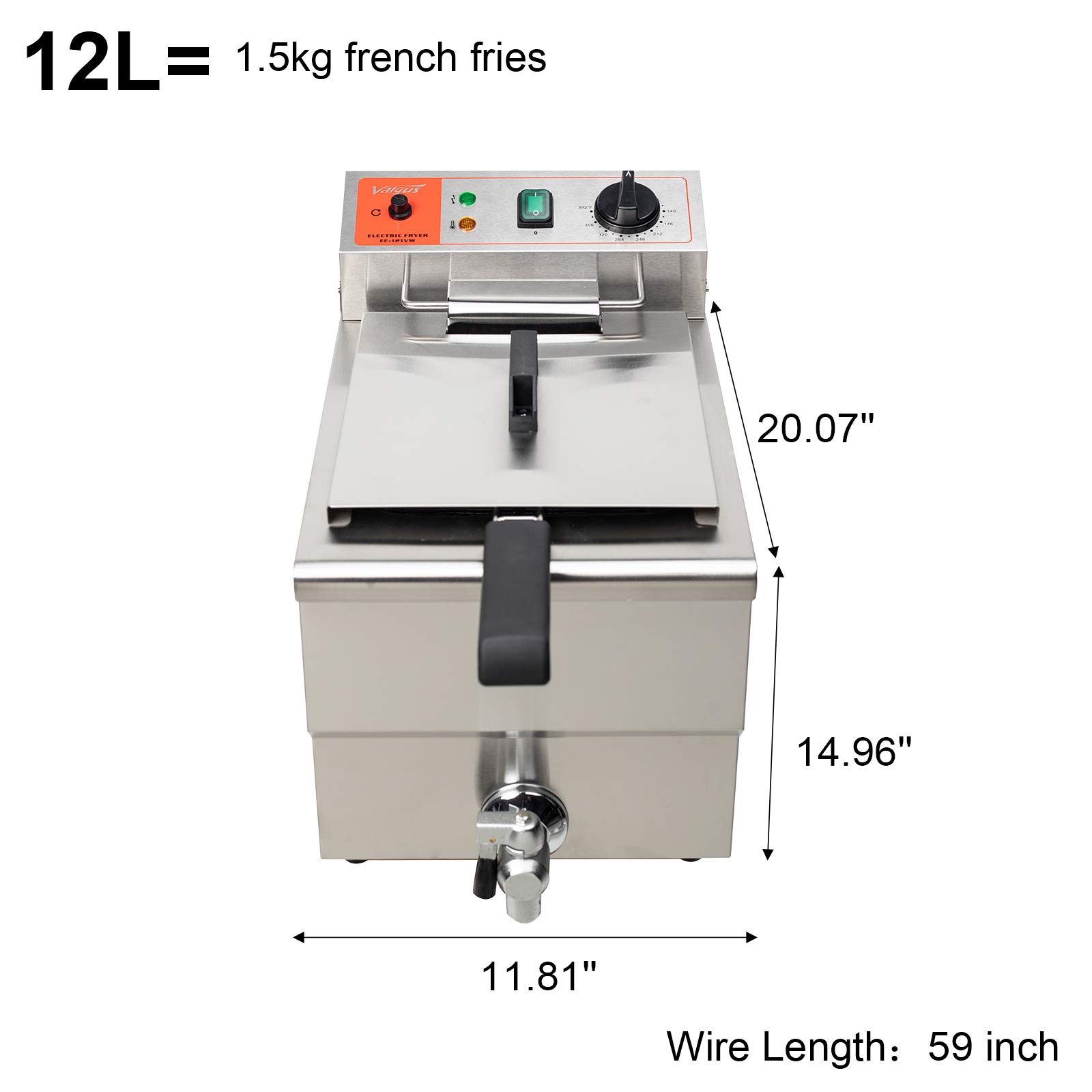 Valgus 1750W Stainless Steel Electric Deep Fryer 12L Large Capacity Countertop Kitchen Frying Machine with Basket & Lid, Drain System