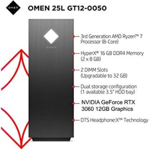 2021 Newest HP OMEN 25L Gaming Desktop PC, AMD 8-Core Ryzen 7 3700X(Up to 4.4GHz), GeForce RTX 3060 12GB, HyperX 16 GB DDR4 RAM, 1TB HHD+512GB PCIe NVMe SSD, Windows 10, RGB Lighting + Generic Mouepad