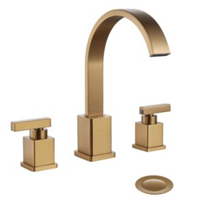 worbway bathroom faucet brushed gold, upgrade anti-fingerprint 3 hole 2 lever handle 8 inch widespread gold bathroom sink faucet with overflow pop-up drain and water supply hoses