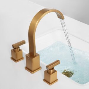 WorbWay Bathroom Faucet Brushed Gold, Upgrade Anti-Fingerprint 3 Hole 2 Lever Handle 8 inch Widespread Gold Bathroom Sink Faucet with Overflow Pop-Up Drain and Water Supply Hoses