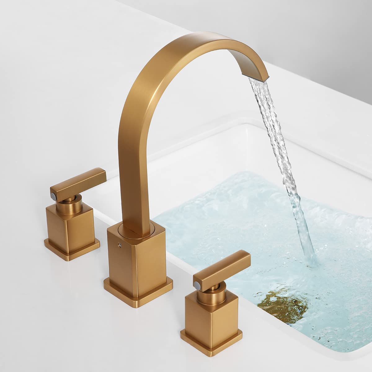 WorbWay Bathroom Faucet Brushed Gold, Upgrade Anti-Fingerprint 3 Hole 2 Lever Handle 8 inch Widespread Gold Bathroom Sink Faucet with Overflow Pop-Up Drain and Water Supply Hoses