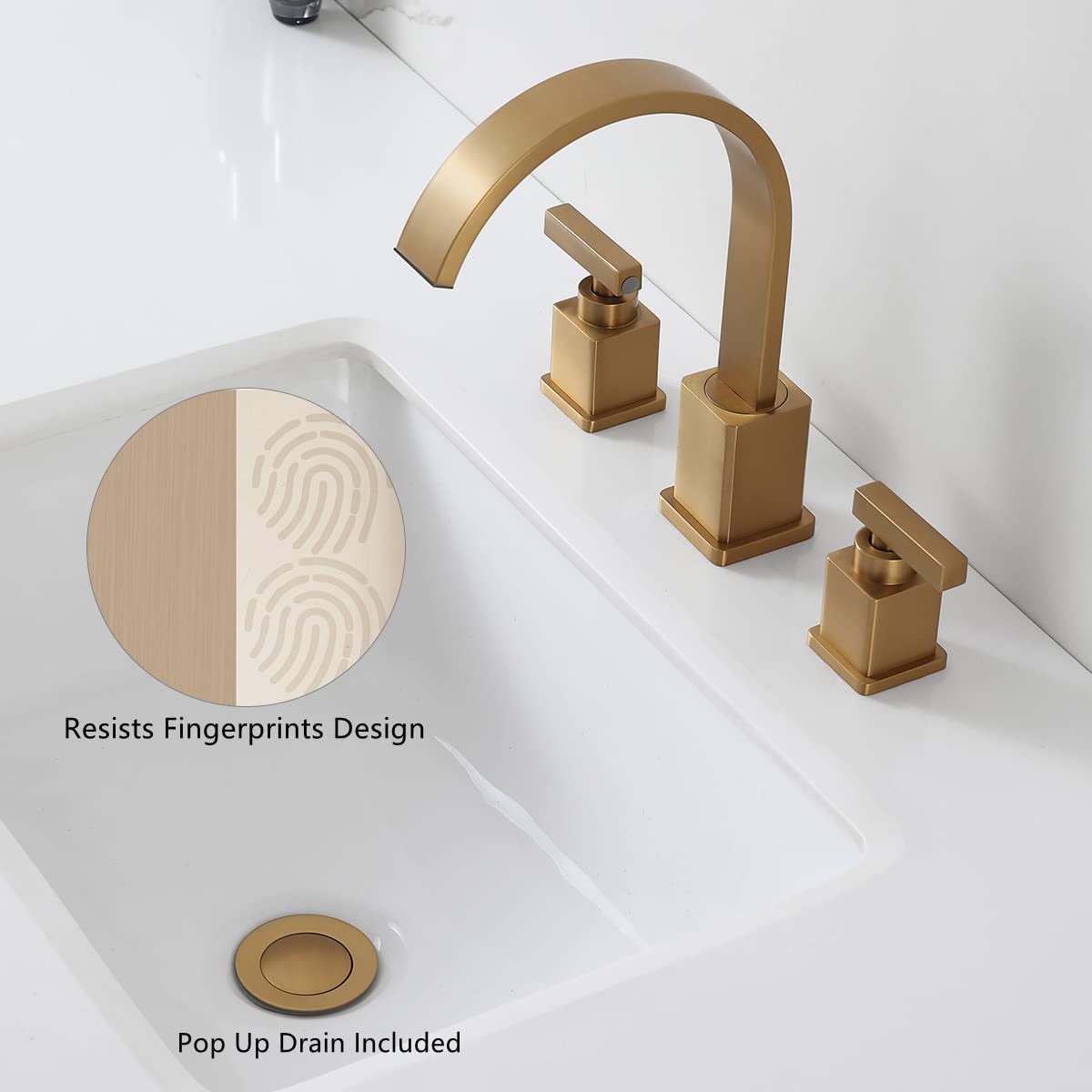 WorbWay Bathroom Faucet Brushed Gold, Upgrade Anti-Fingerprint 3 Hole 2 Lever Handle 8 inch Widespread Gold Bathroom Sink Faucet with Overflow Pop-Up Drain and Water Supply Hoses