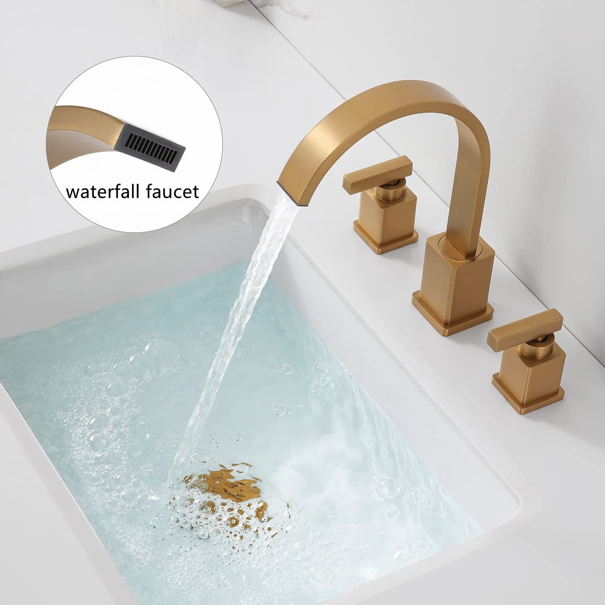 WorbWay Bathroom Faucet Brushed Gold, Upgrade Anti-Fingerprint 3 Hole 2 Lever Handle 8 inch Widespread Gold Bathroom Sink Faucet with Overflow Pop-Up Drain and Water Supply Hoses