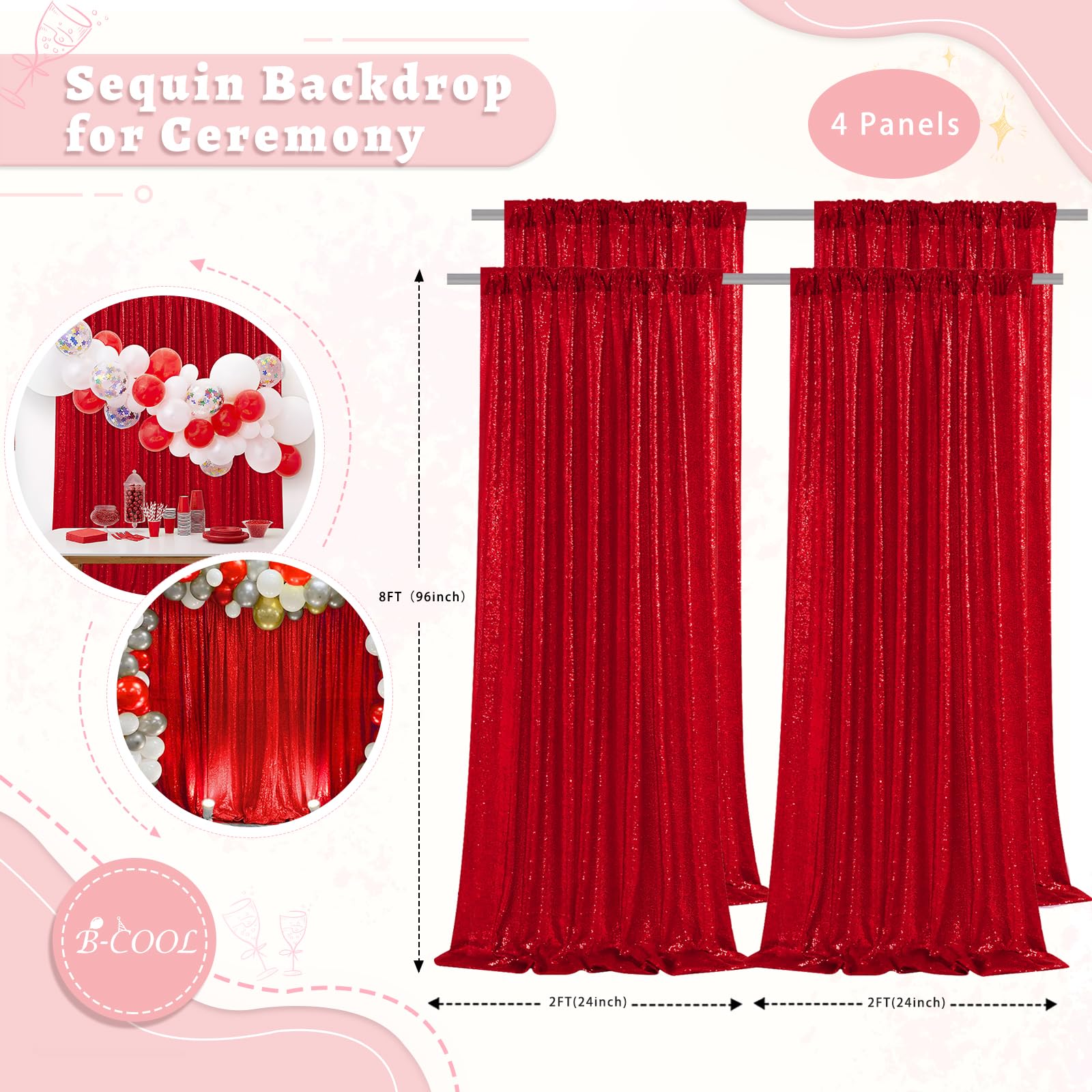 B-COOL 4 Panels 2ftx8ft Red Backdrop Sequin Backdrop Curtain Drapes Fabric for Wedding Holiday Spring Party Photography Decoration