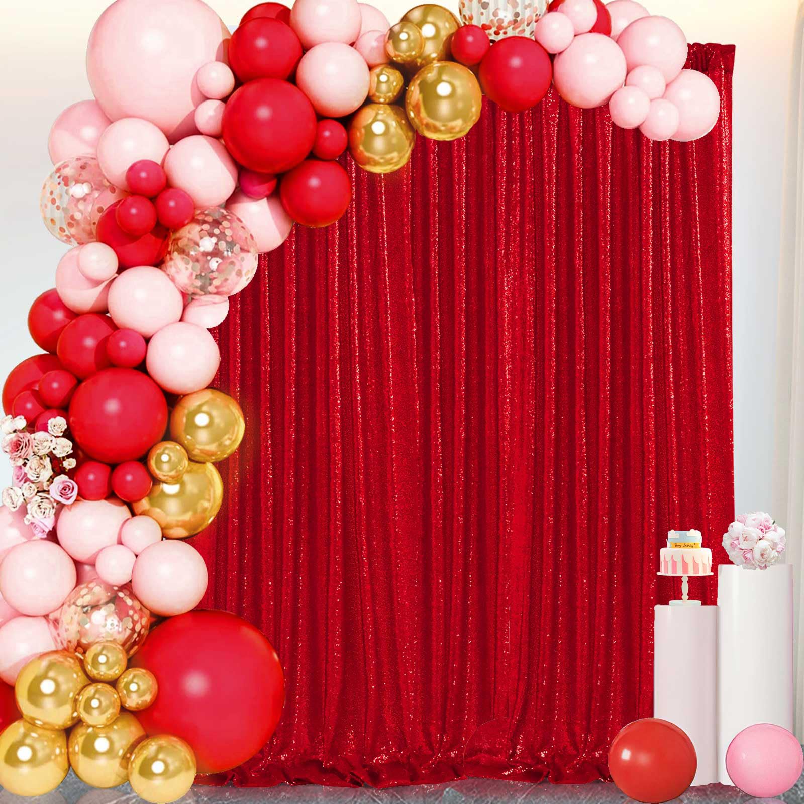 B-COOL 4 Panels 2ftx8ft Red Backdrop Sequin Backdrop Curtain Drapes Fabric for Wedding Holiday Spring Party Photography Decoration