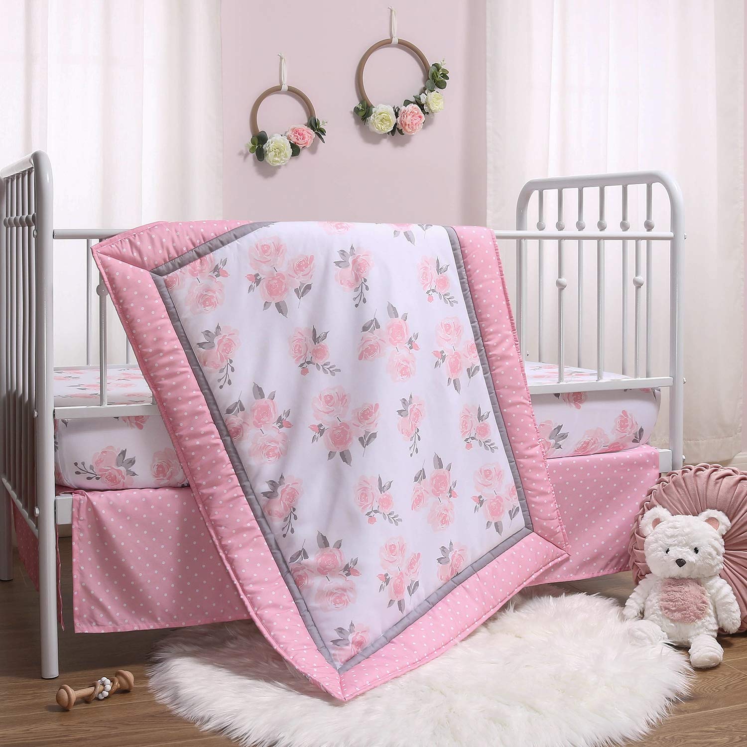 The Peanutshell Pink Floral Crib Bedding Set for Baby Girls - 3 Piece Nursery Collection - Crib Comforter, Fitted Crib Sheet, Dust Ruffle