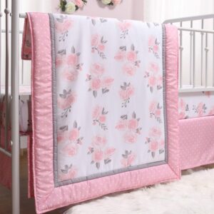 The Peanutshell Pink Floral Crib Bedding Set for Baby Girls - 3 Piece Nursery Collection - Crib Comforter, Fitted Crib Sheet, Dust Ruffle