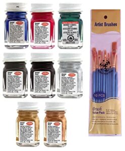 make your day testors metallic enamel paint variety, artic blue, graphite gray, black, red, copper, silver, gold, metal flake green, and thinner 1/4 oz (pack of 9) paintbrushes