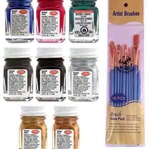 Make Your Day Testors Metallic Enamel Paint Variety, Artic Blue, Graphite Gray, Black, Red, Copper, Silver, Gold, Metal Flake Green, and Thinner 1/4 oz (Pack of 9) Paintbrushes